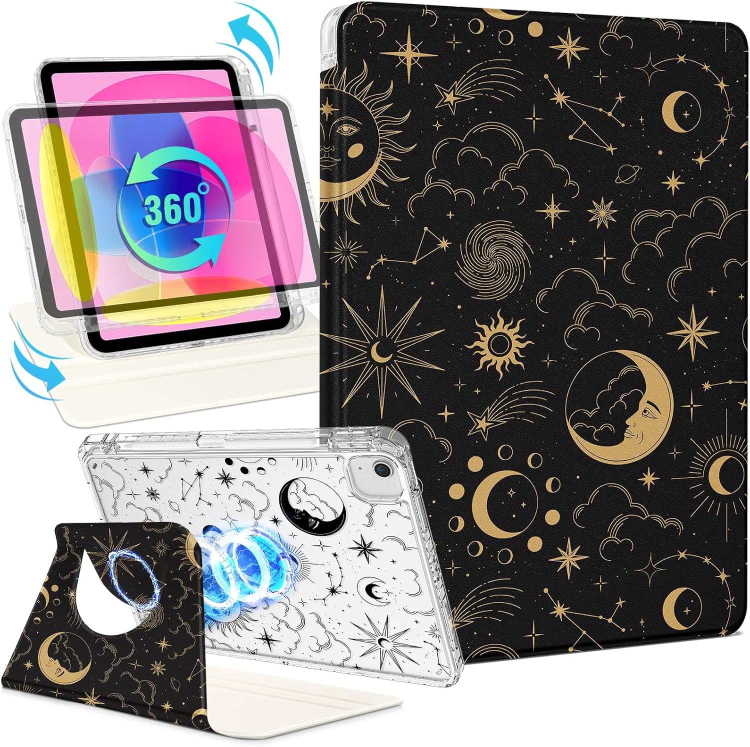 Shorogyt for iPad Air 11 Inch Case Air M4 2026, 8th Gen/M3 2025/M2/Air 5th Generation 2022/Air 4th Gen 2020/Pro 11 Inch Case Magnetic Stand for Women - Cute 360 Degree Rotating Covers Girls Sun Moon