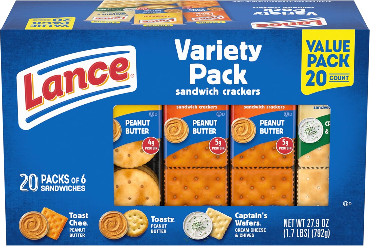 Lance Sandwich Crackers, Variety Pack, 3 Flavors, 20 Individually Wrapped Packs, 6 Sandwiches Each