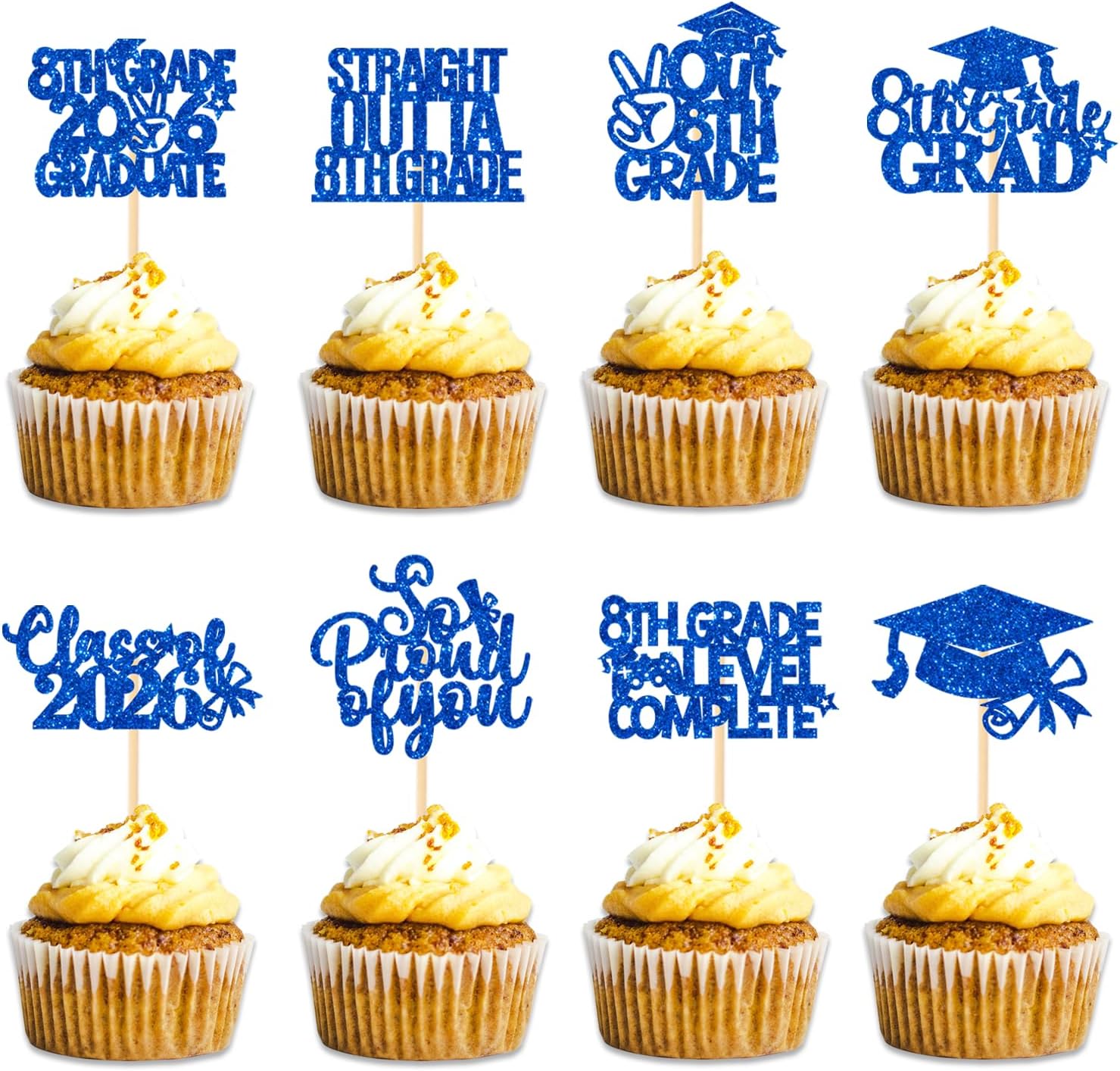 32 Pieces 8th Grade Grad Cupcake Toppers Blue Glittery Eighth Grade Graduation Cupcake Decorations Class of 2026 Peace out 8th Grade Cupcake Picks for Middle School Grad Party Cupcake Decorations