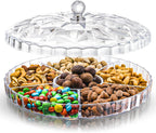 ZOOFOX Snack Serving Tray, 12" Appetizer Tray with Lid, 6 Compartments Round Plastic Food Storage Organizer for Dried Fruits, Nuts, Candies, Sweet Cookies and Fruits (Clear)