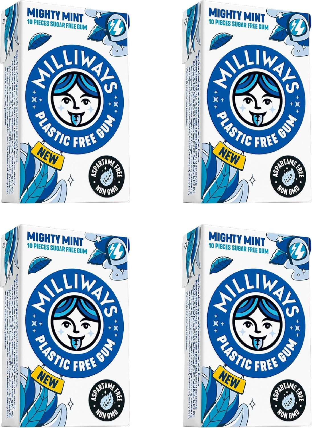Milliways Mighty Mint | Plastic Free Gum | Xylitol, Aspartame-Free, Sugar-Free, Plant-Based, Natural Chewing Gum | 40 Pieces Total (4 Packs of 10 Pieces)