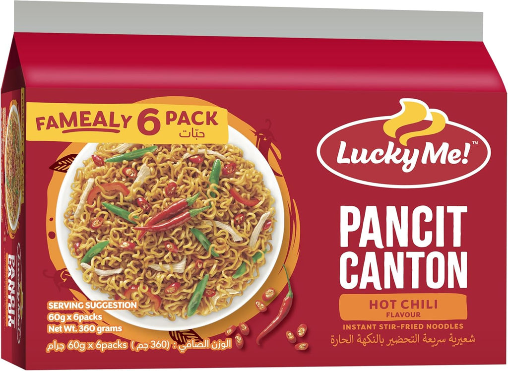 Lucky Me! Instant Pancit Canton Hot Chili Flavor (Instant Chow Mien Hot Chili Flavor) - 2.12oz/60g (Pack of 12)