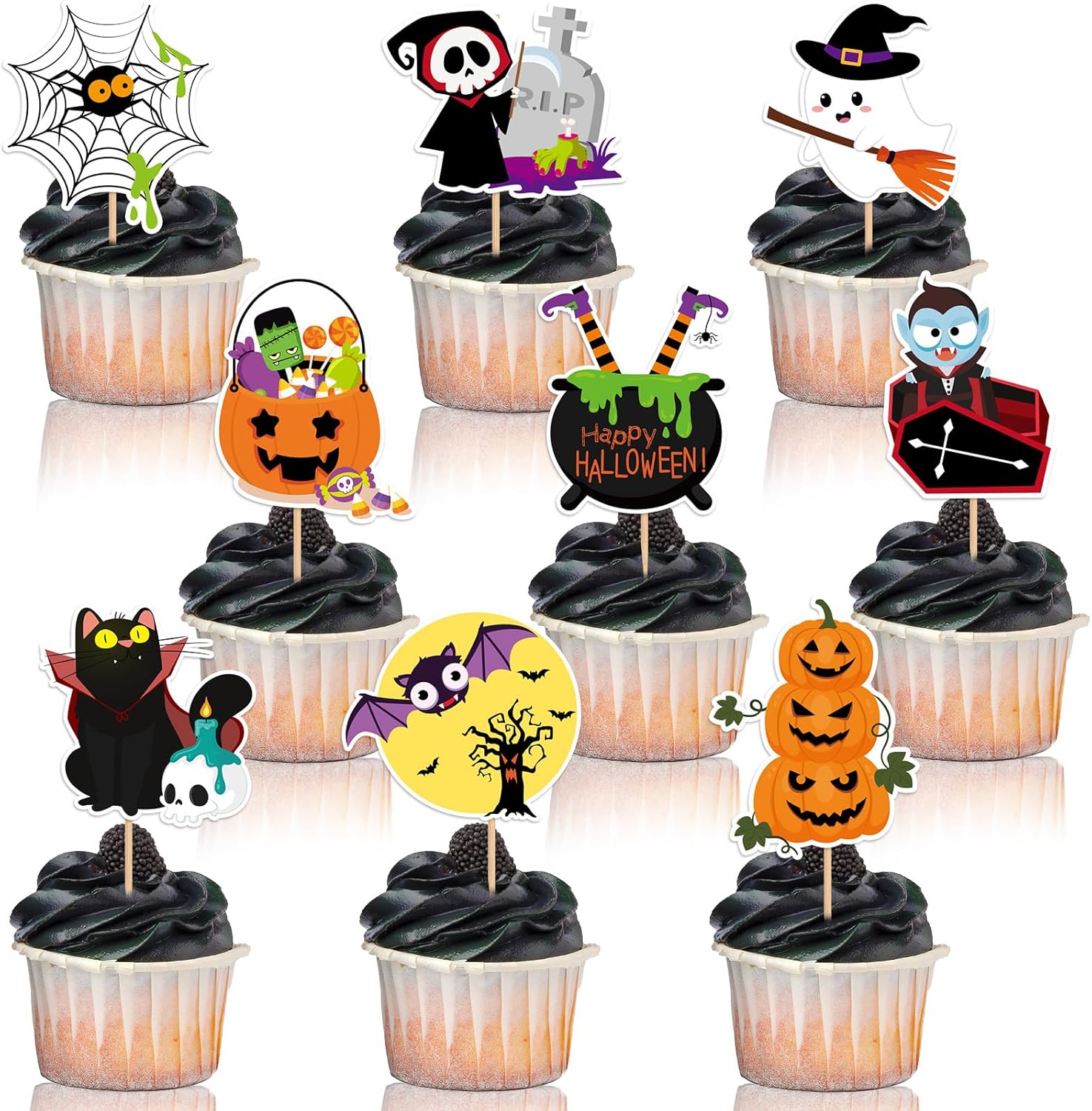 SANNIX 72 Pcs Halloween Cupcake Toppers Food Picks Pumpkin Bat Ghost Toothpicks for Halloween Decorations Birthday Party Decor Supplies Cake Food Appetizer Decor