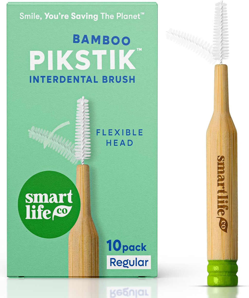 SmartLifeco Bamboo Interdental Brushes (10 Count) - Eco-Friendly Reusable Dental Picks, Flexible Soft Bristles, Superior Gum & Teeth Cleaning, Toothpicks for Braces, PikStik - Regular