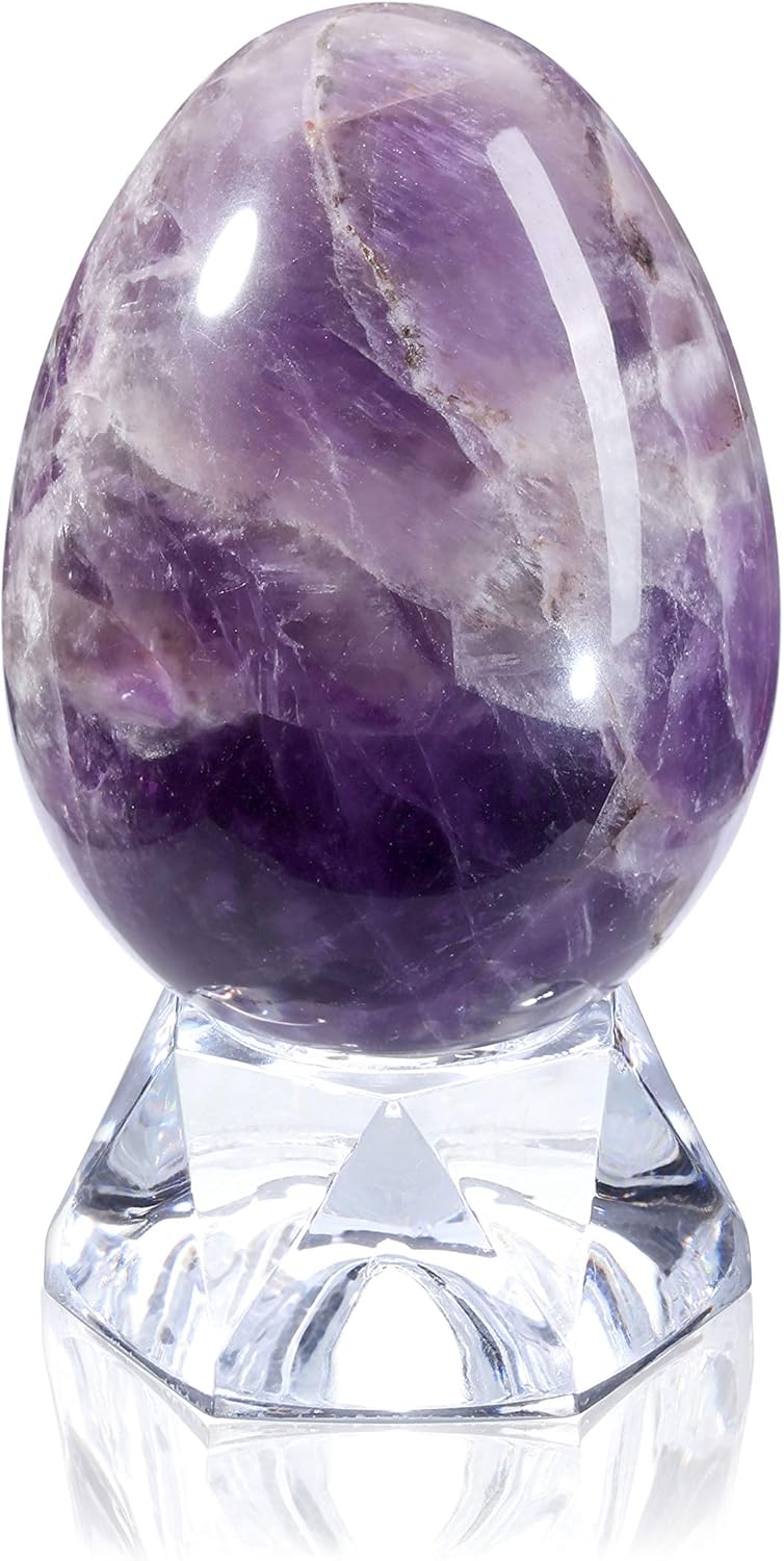 Jovivi Natural Amethyst Egg Sphere Sculpture Reiki Healing Crystal Gemstone Ball Divination Figurine with Acrylic Stand for Home Decoration