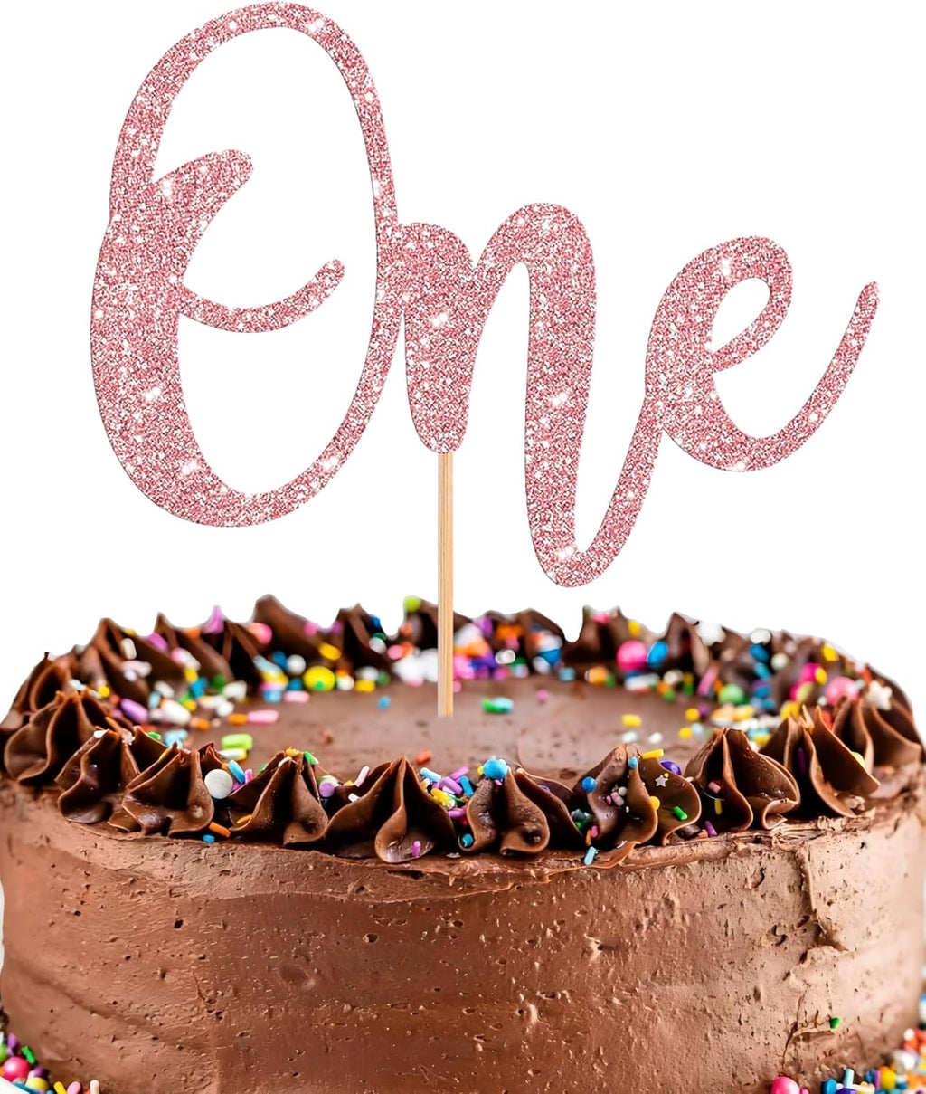First Birthday Cake Topper - Glitter Pink 1st Birthday Cake Decorations, One Year Old Cake Smash Decor, One Sign Cake Top Photo Booth Props (Pink)