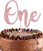 First Birthday Cake Topper - Glitter Pink 1st Birthday Cake Decorations, One Year Old Cake Smash Decor, One Sign Cake Top Photo Booth Props (Pink)