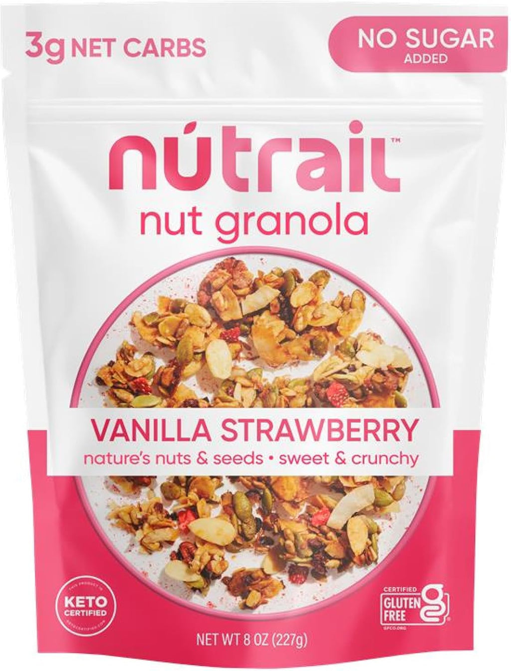 NuTrail Nut Granola Cereal, Vanilla Strawberry, No Sugar Added, Keto, Low Carb, Gluten Free, Grain Free, Healthy Breakfast 8 oz. 1 Count