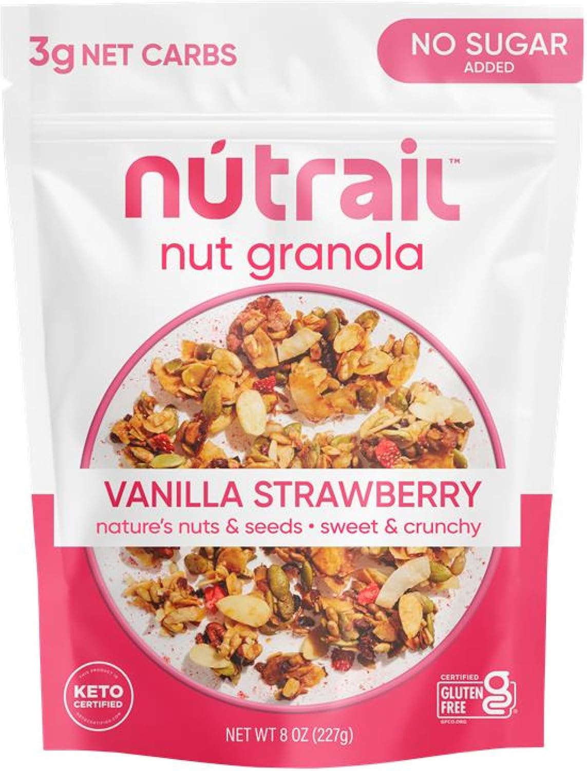 NuTrail Nut Granola Cereal, Vanilla Strawberry, No Sugar Added, Keto, Low Carb, Gluten Free, Grain Free, Healthy Breakfast 8 oz. 1 Count