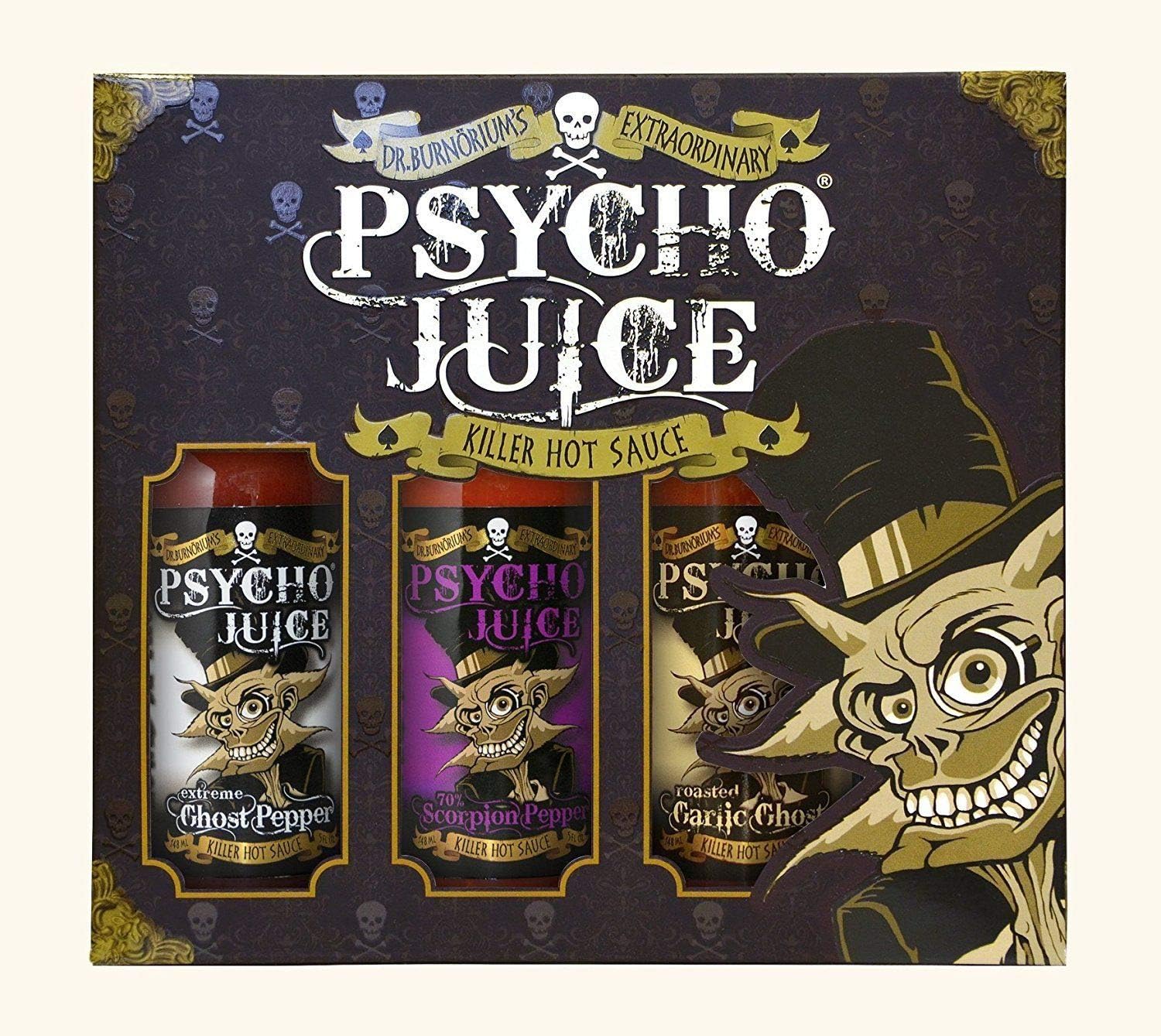 Psycho Juice Gift Box - Mega Hot Collection 1 - Trio Chilli Sauces - Extreme Ghost Pepper - 70% Scorpion - Roasted Garlic