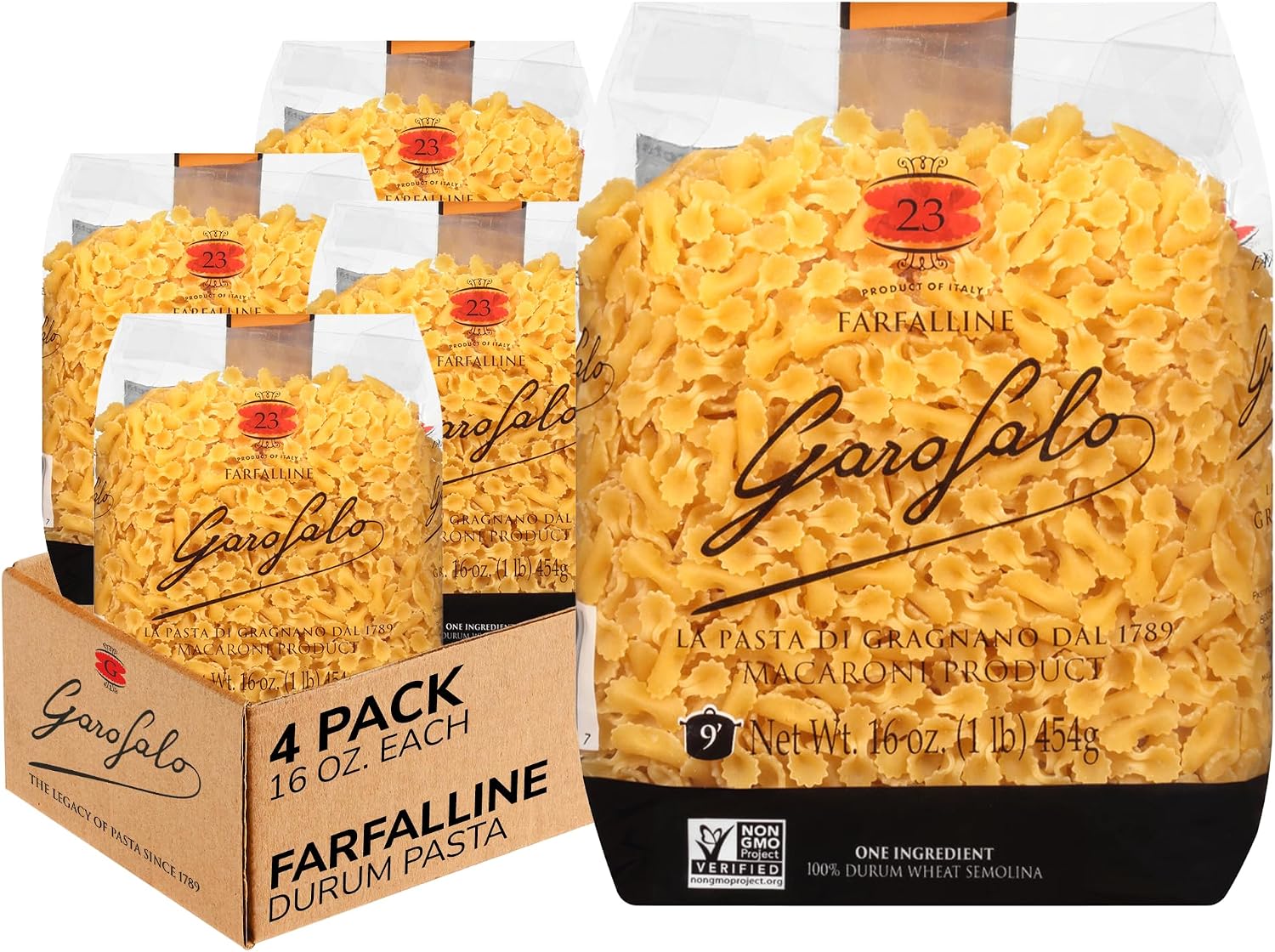 Garofalo - Premium Durum Wheat Semolina Farfalline Pasta, Italian Made, Bronze-Drawn, Al-Dente, One-Ingredient Pasta (4 pack)