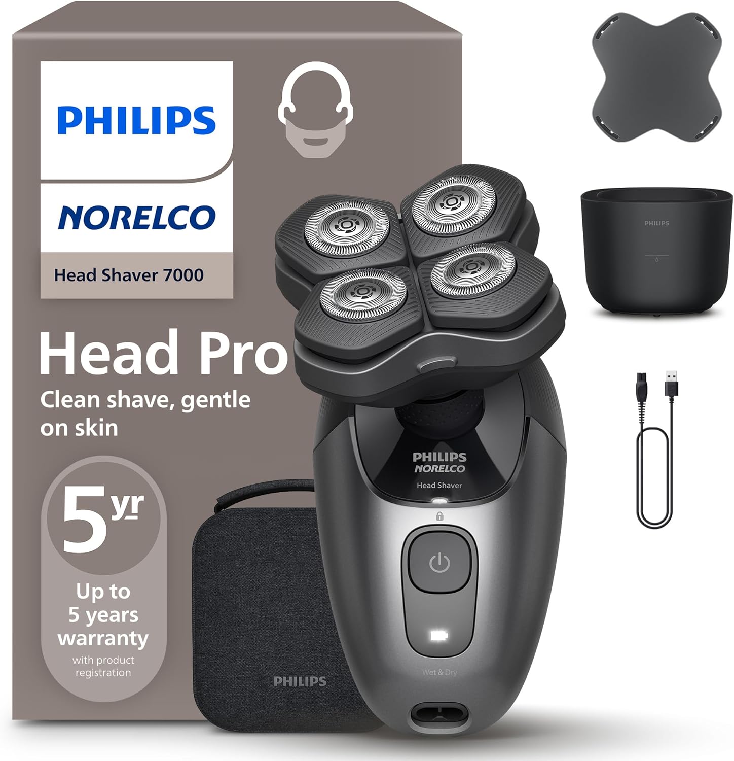Philips Norelco Head Shaver Pro 7000 Series - Electric Shaver for Men and Women, 360° Flexing Head & ComfortCut Blades for Clean Shave, Gentle on Skin, Model HS7980/40