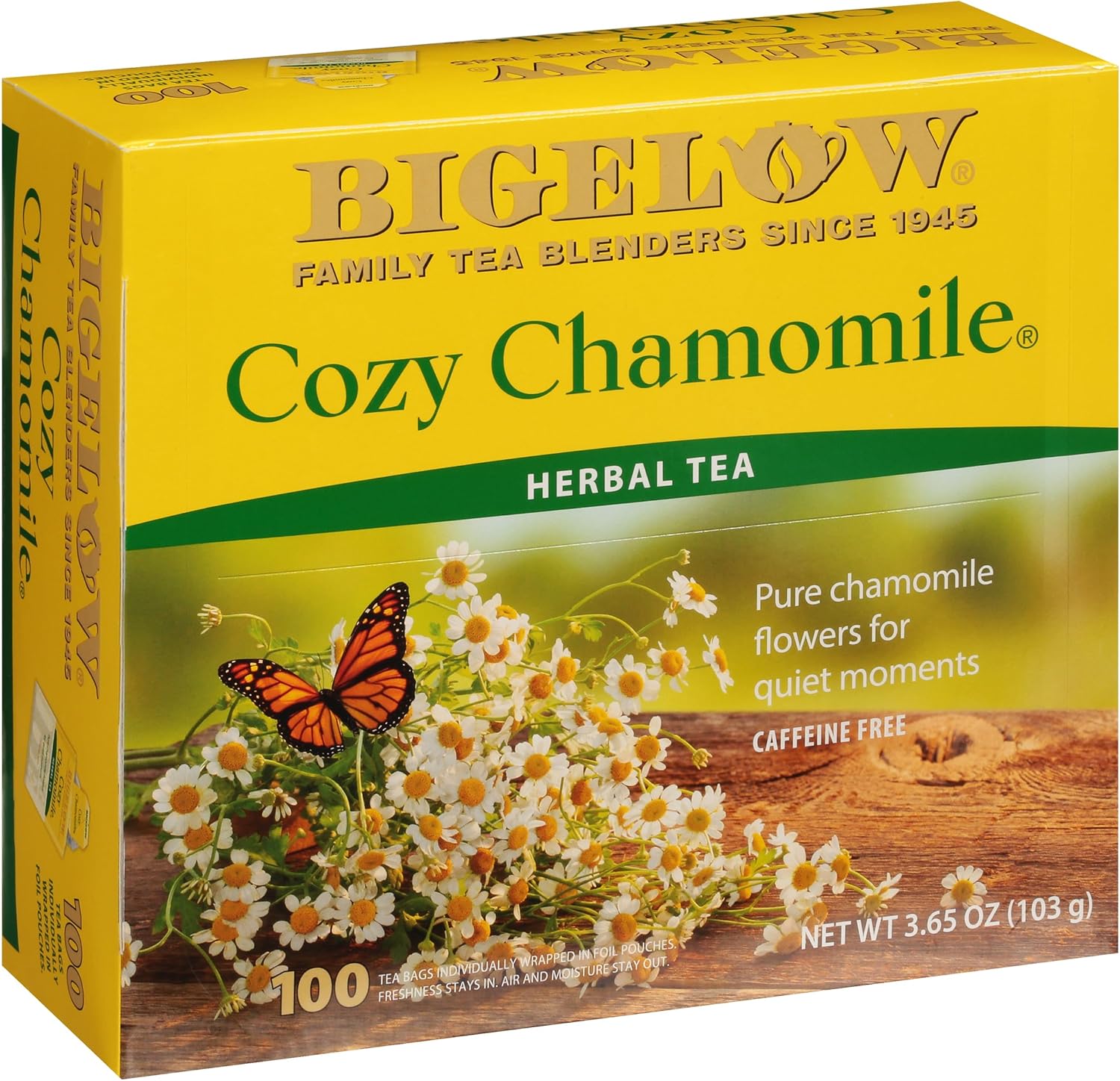 Bigelow Cozy Chamomile Herbal Tea,Caffeine Free Tea with Chamomile Flowers, 100 Count Box (Pack of 1)