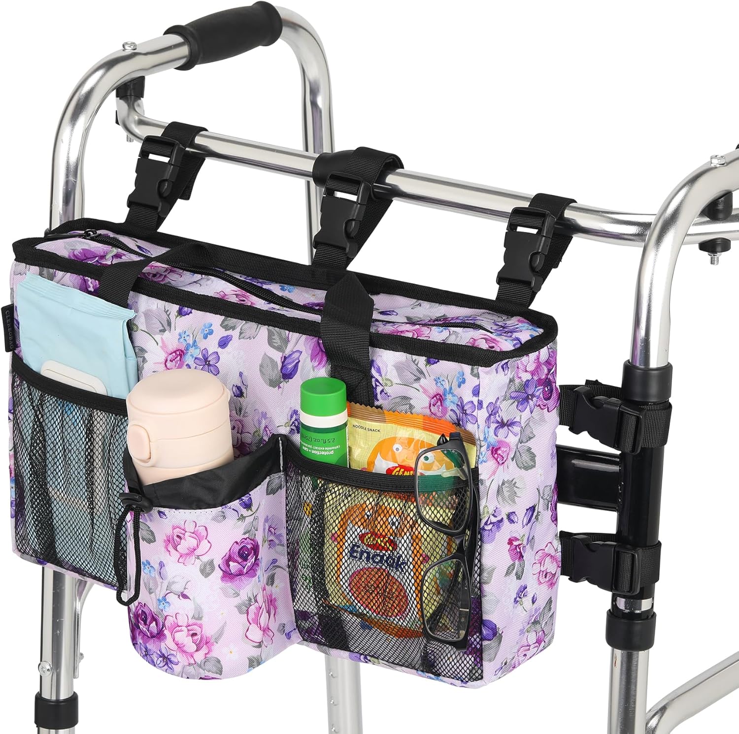 Walker Accessories for Folding Walker Seniors with Cup Holder Walker Bag Organizer Pouch Storage Buckle Carry Things