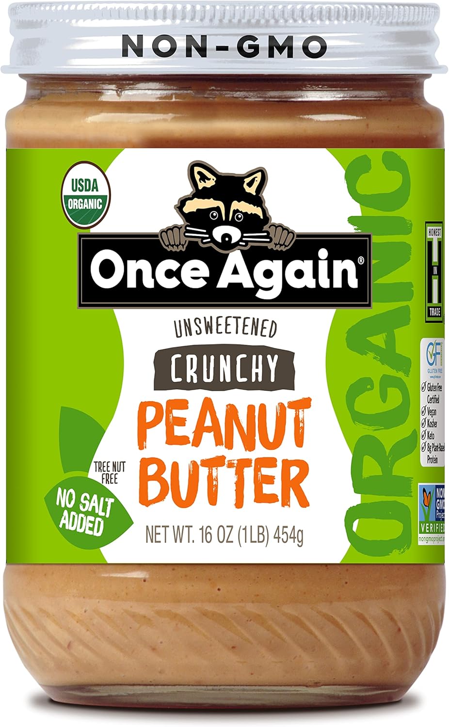 Once Again Organic Crunchy Peanut Butter No Sugar Added - Single Ingredient, Unsalted, Natural Peanut Butter No Palm Oil - Glass Jar, Non-GMO, Gluten Free - Chunky, Unsweetened - 1 Jar (16 oz)