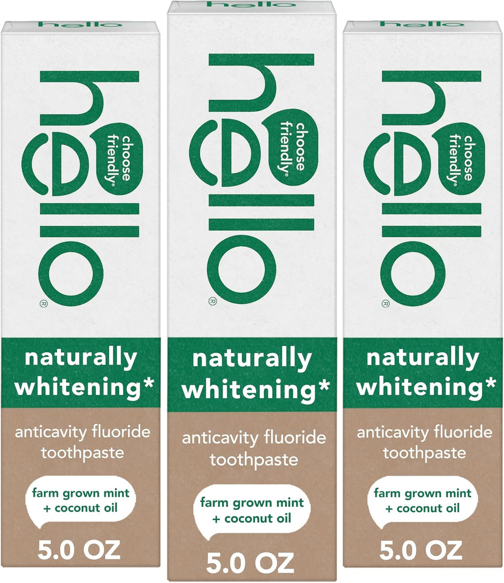 Hello Naturally Whitening Anticavity Fluoride Toothpaste, 5 Oz Tube, Natural Whitening Toothpaste with Coconut Oil, Whitens Naturally and Helps Remove Surface Stains, SLS Free, Vegan, Mint, 3 Pack