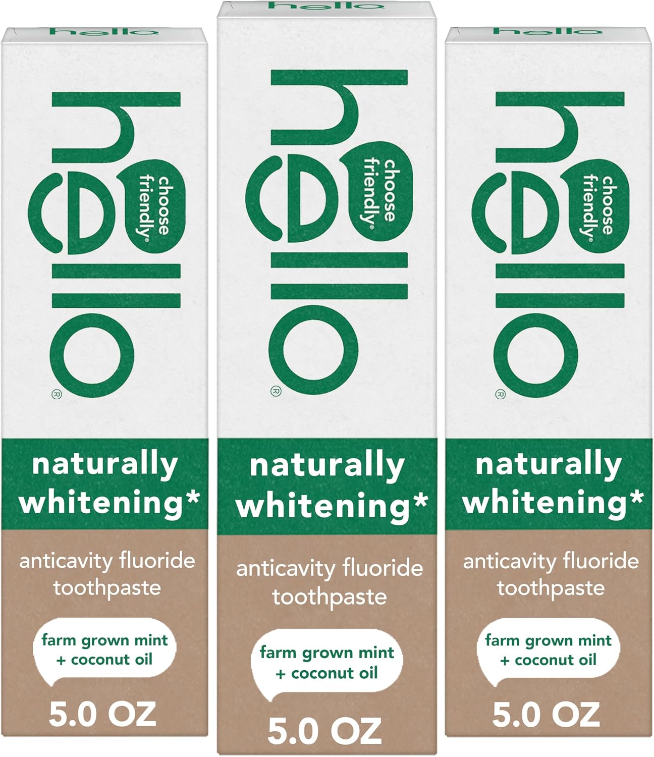 Hello Naturally Whitening Anticavity Fluoride Toothpaste, 5 Oz Tube, Natural Whitening Toothpaste with Coconut Oil, Whitens Naturally and Helps Remove Surface Stains, SLS Free, Vegan, Mint, 3 Pack