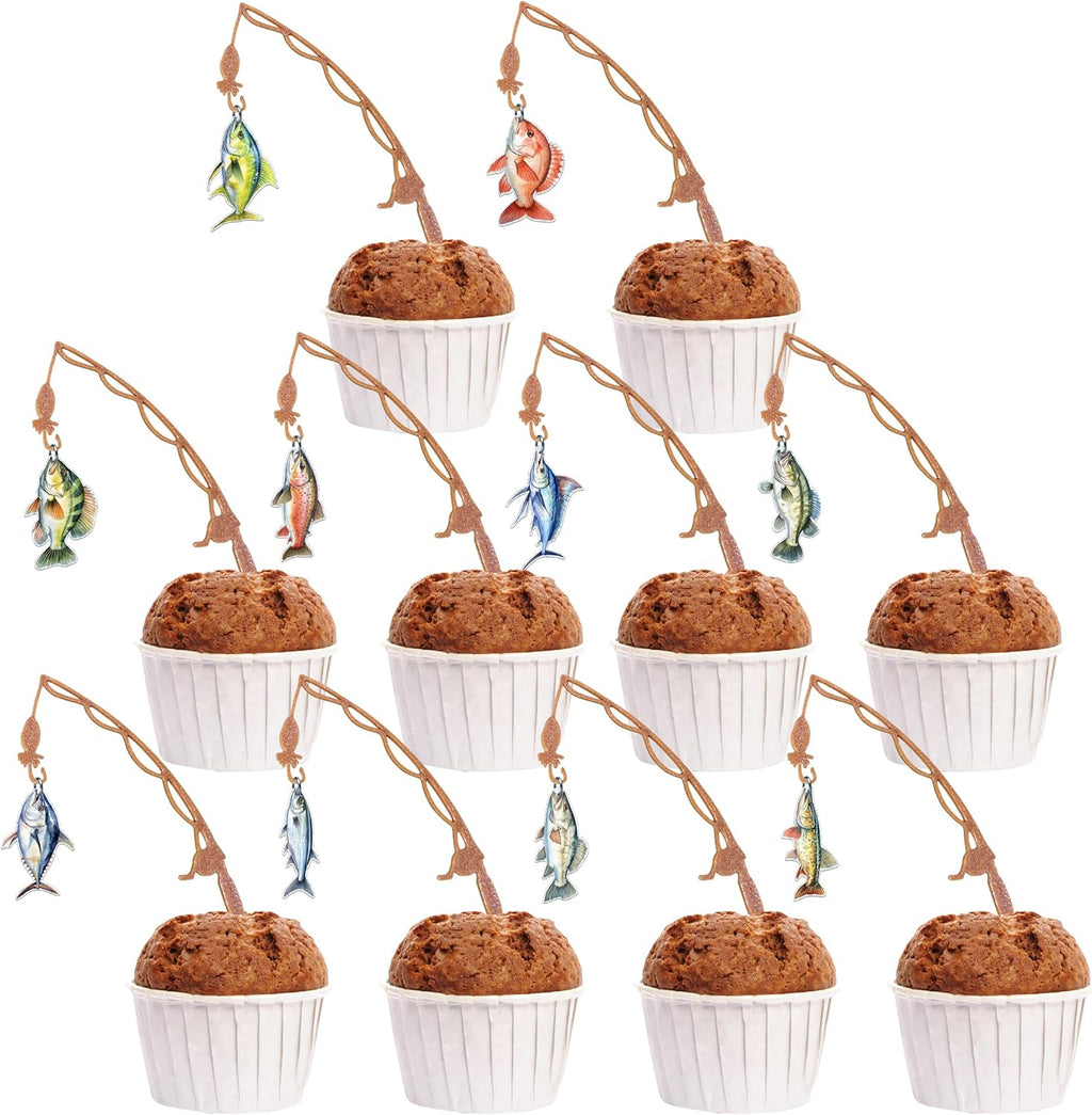 Fishing Theme Cupcake Toppers, 20 Mini Fishing Rod Decorations with Colorful Fish