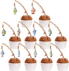 Fishing Theme Cupcake Toppers, 20 Mini Fishing Rod Decorations with Colorful Fish