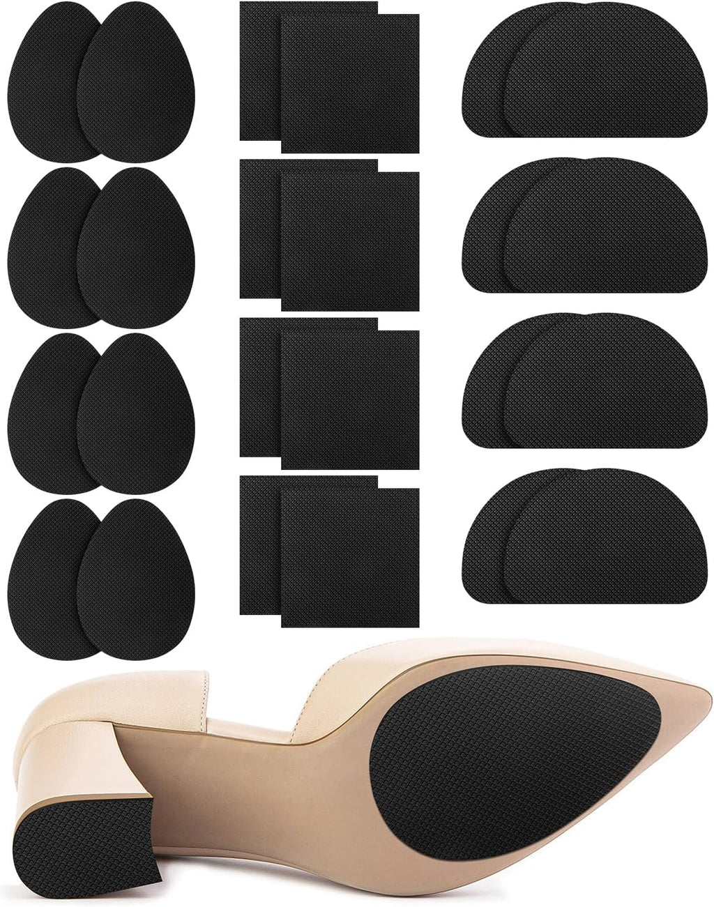 24PCS Non Slip Shoe Pads for Bottom of Shoes, Shoe Grips for Heels Anti Slip, Self-Adhesive Non-Skid Stickers for Shoes (3 Style, Black)