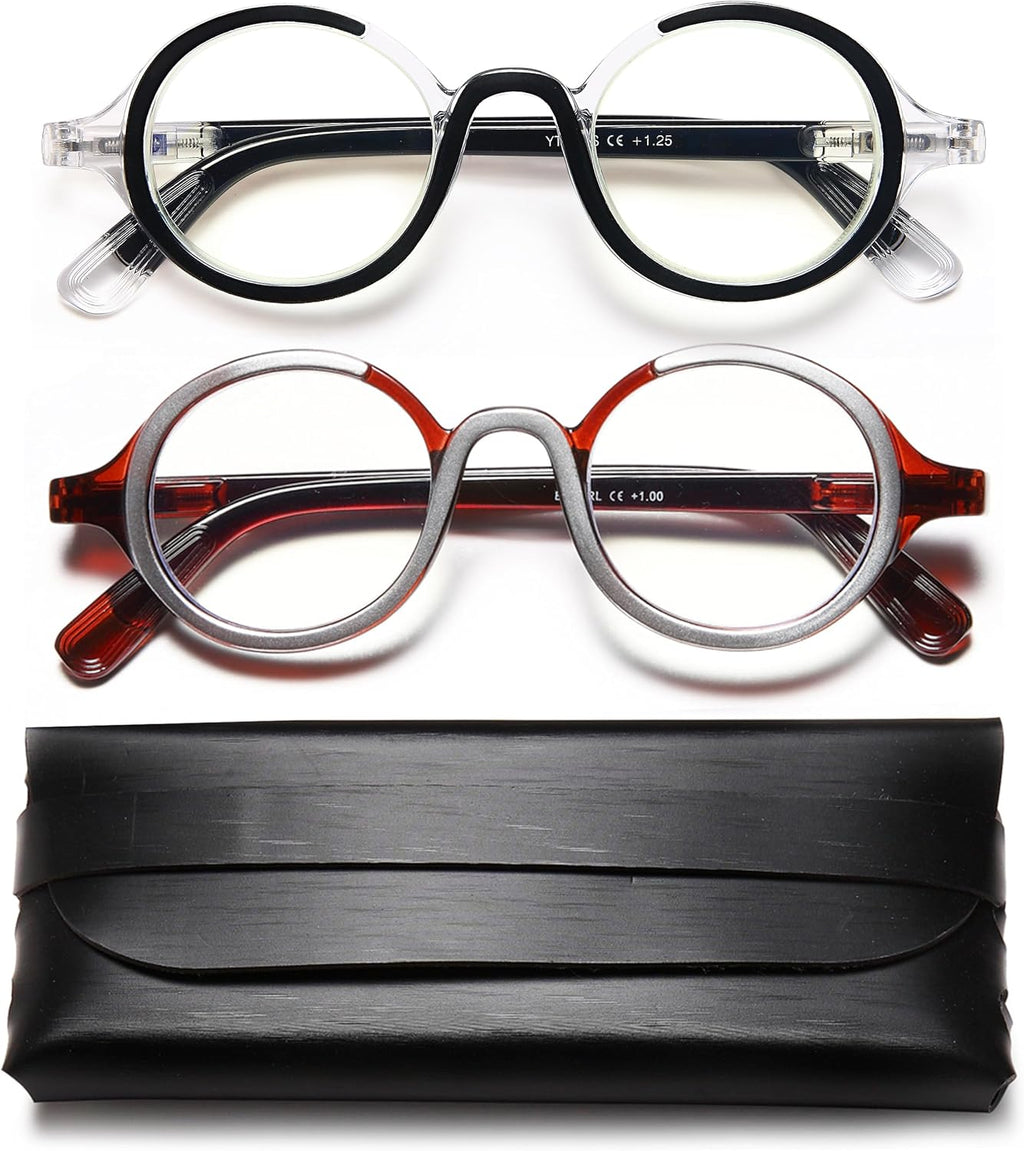 Retro Round Reading Glasses for Men and Women, Stylish Color Frame Design, Blue Light Blocking, Spring Hinges, Anti Eye Strain Computer Readers, 3.5