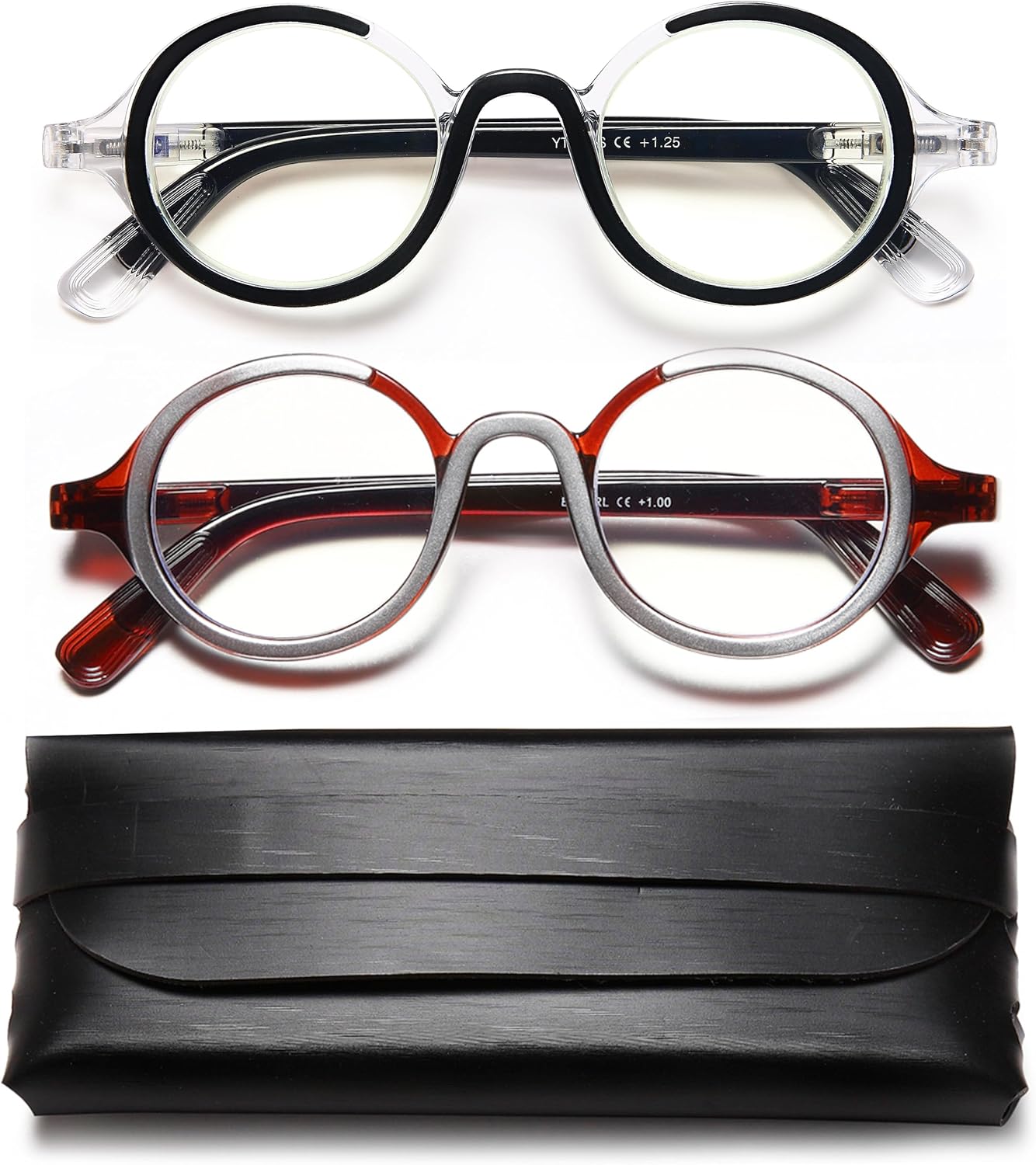 Retro Round Reading Glasses for Men and Women, Stylish Color Frame Design, Blue Light Blocking, Spring Hinges, Anti Eye Strain Computer Readers, 3.5