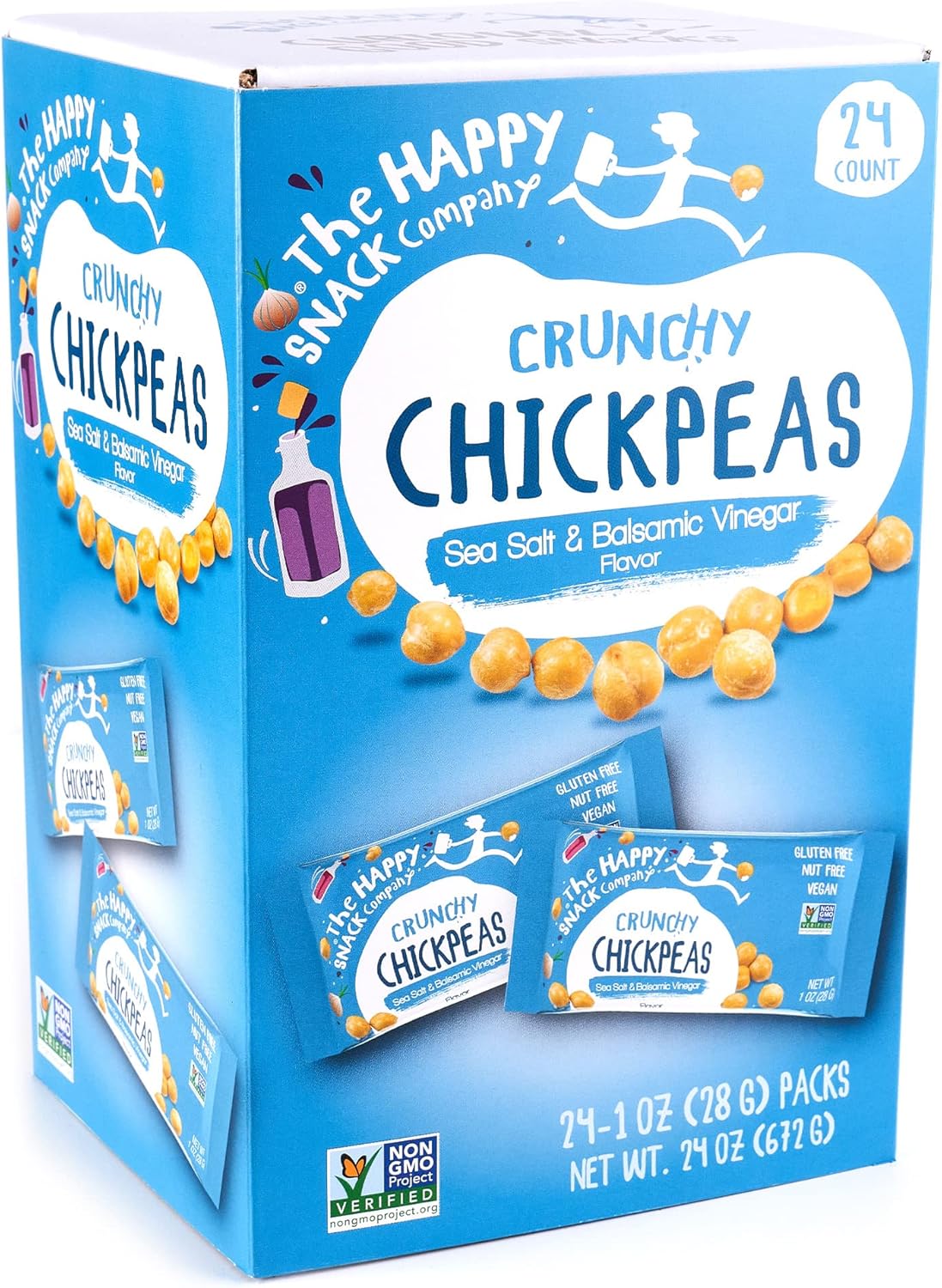 The Happy Snack Company Crunchy Chickpeas Sea Salt & Balsamic Vinegar flavor 24 x 1 oz packs. 5g Plant Based Protein & 120 Cals. Gluten,Nut & Dairy Free, Non-GMO and Vegan.
