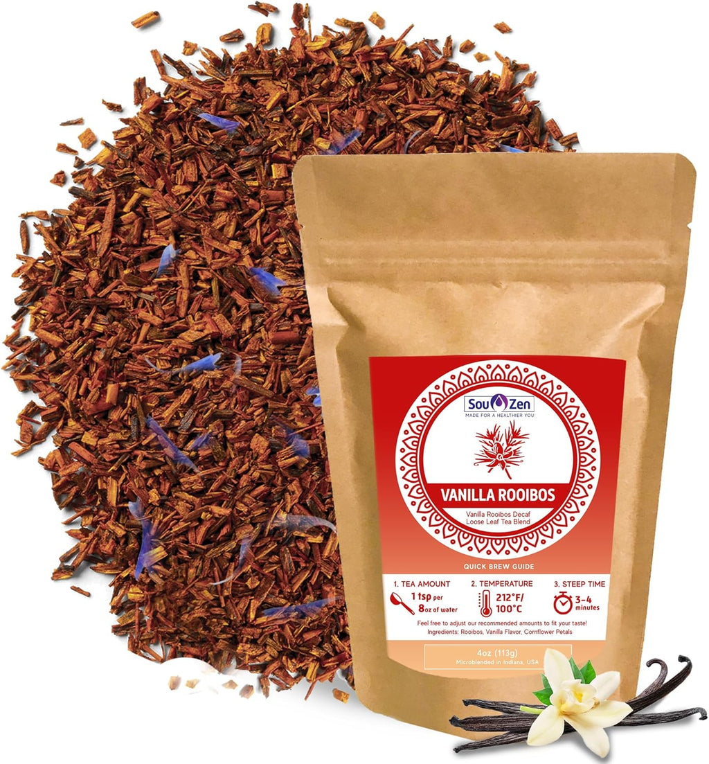 Sou Zen Organic Vanilla Rooibos Tea 4oz (113g) | Decaf Loose Leaf Herbal Red Tea Blend | Naturally Caffeine and Preservative-Free