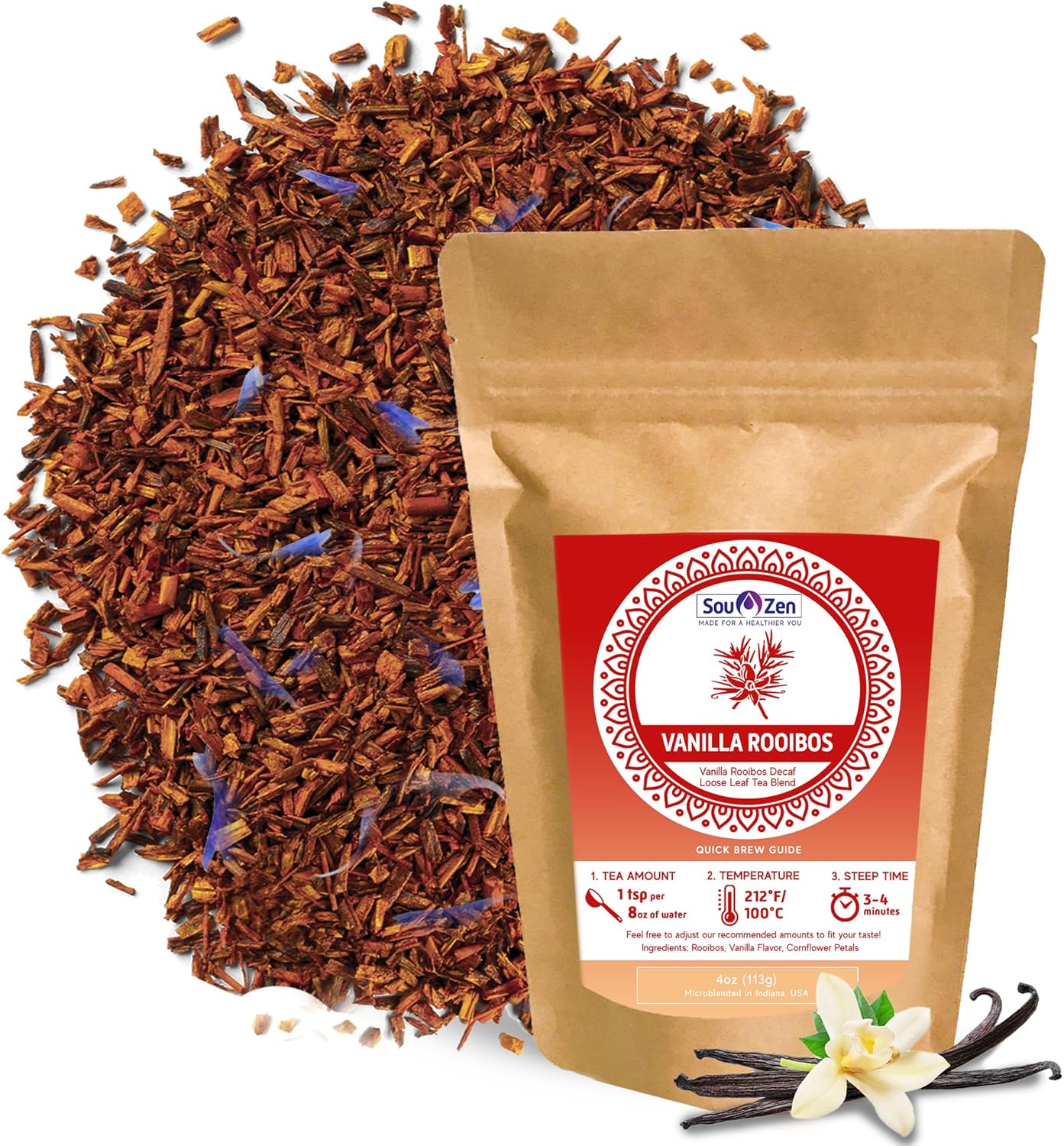 Sou Zen Organic Vanilla Rooibos Tea 4oz (113g) | Decaf Loose Leaf Herbal Red Tea Blend | Naturally Caffeine and Preservative-Free