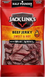 Jack Link's Beef Jerky Half Pounder - Sweet & Hot - 100% Real Beef - Ready to Eat Real Meat Protein Snacks - 9g Protein per Serving - 8 oz Large Jerky Bag