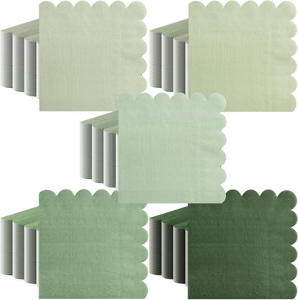 200 Pieces Cocktail Napkin, Sublaga 2-Ply Scalloped Edged Dessert Napkins Folded 5 x 5 Inches Disposable Gradient Color Paper Napkins for Dinner Wedding Birthday Baby Shower Party, Green