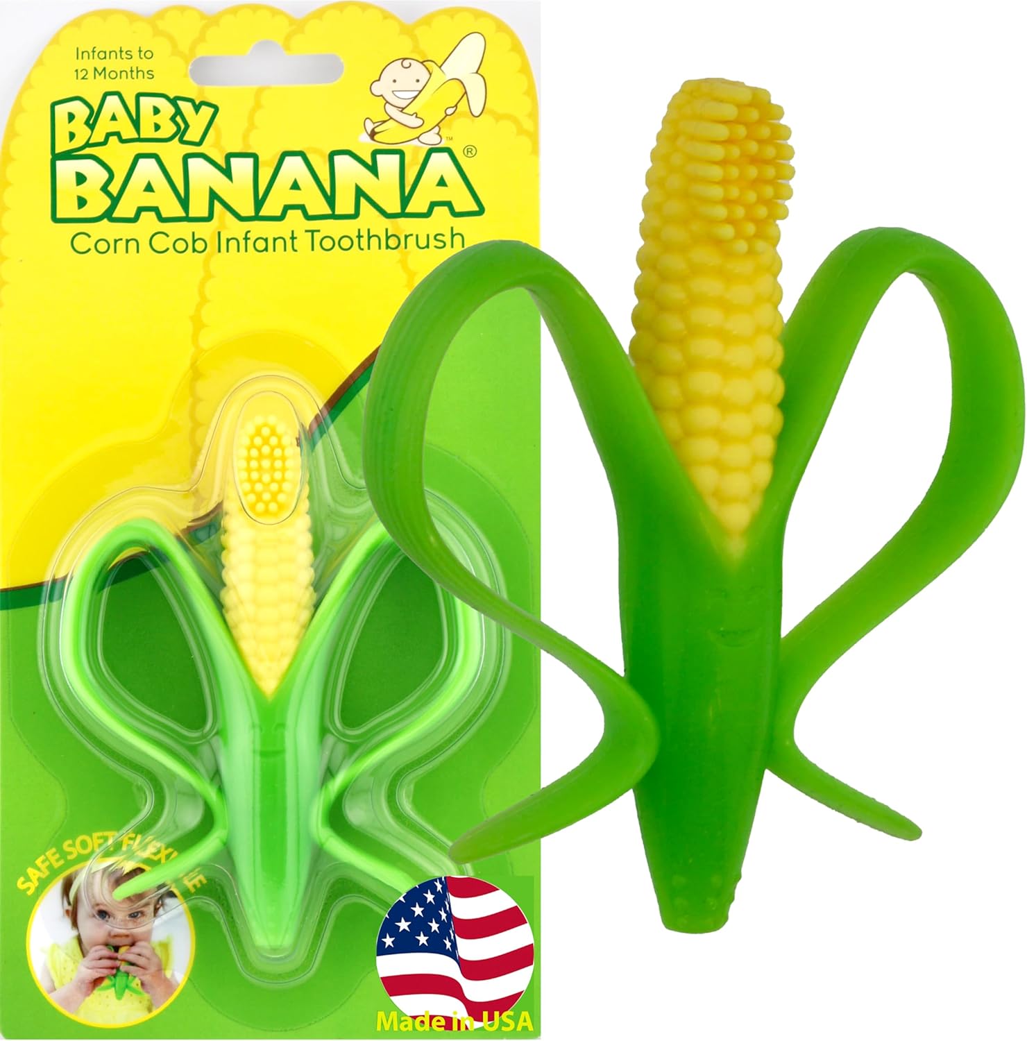 Baby Banana® Corn Cob Toothbrush Teether Tooth Brush for Infant, Baby, and Toddler, Made in USA, Butter-Soft Bristles,Bendable Food Grade Silicone, Family-Owned Buisness Since 2009