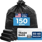 Large Trash Bags 55-60 Gallon | 150 Count, Heavy Duty Black Garbage Bags | Unscented, Leak Proof, Bulk Pack for Office, Industrial & Commercial Use - Made in USA