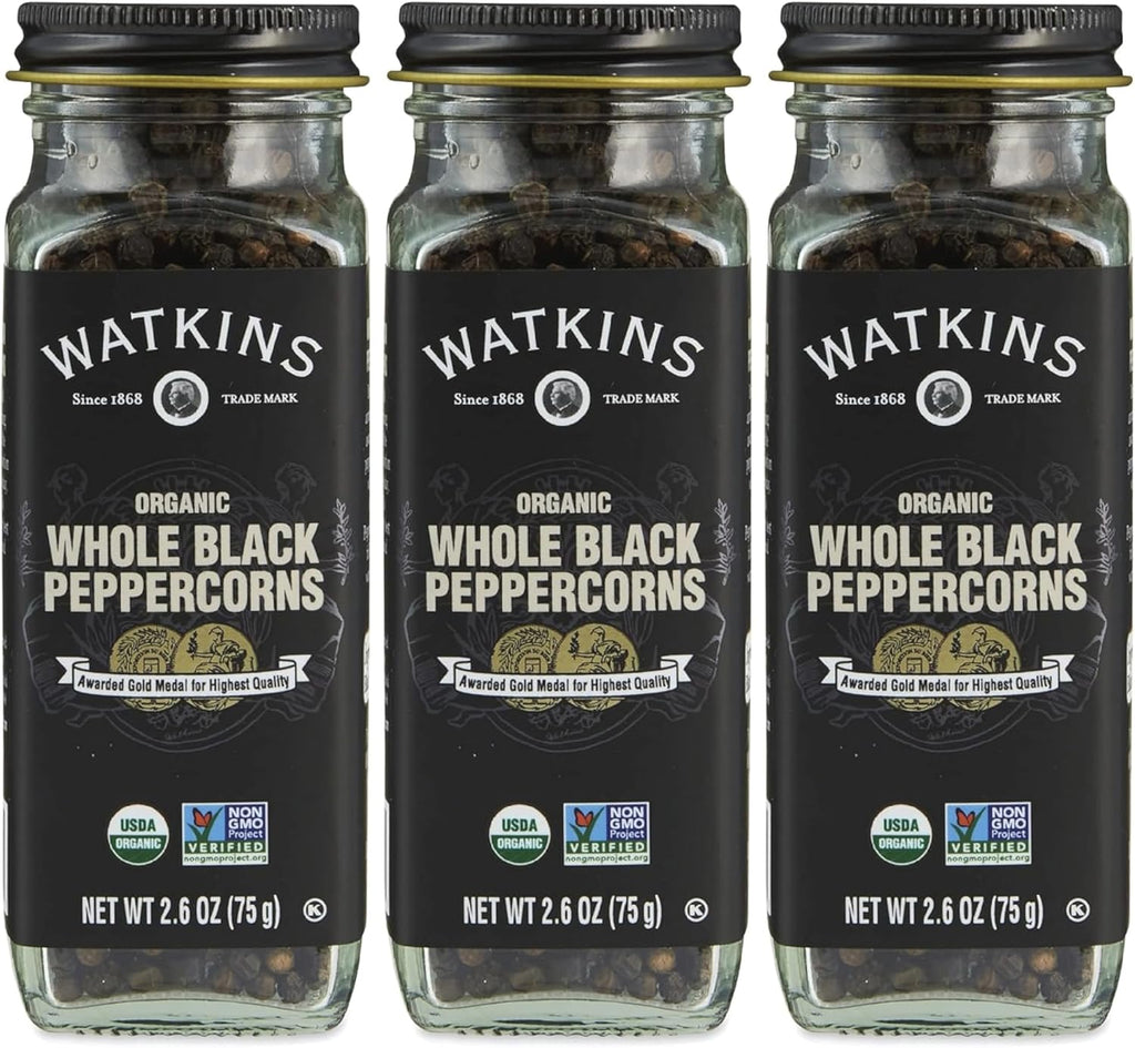 Watkins Gourmet Organic Spice Jar, Whole Black Peppercorns, 2.6 oz. Bottle, 3-Pack
