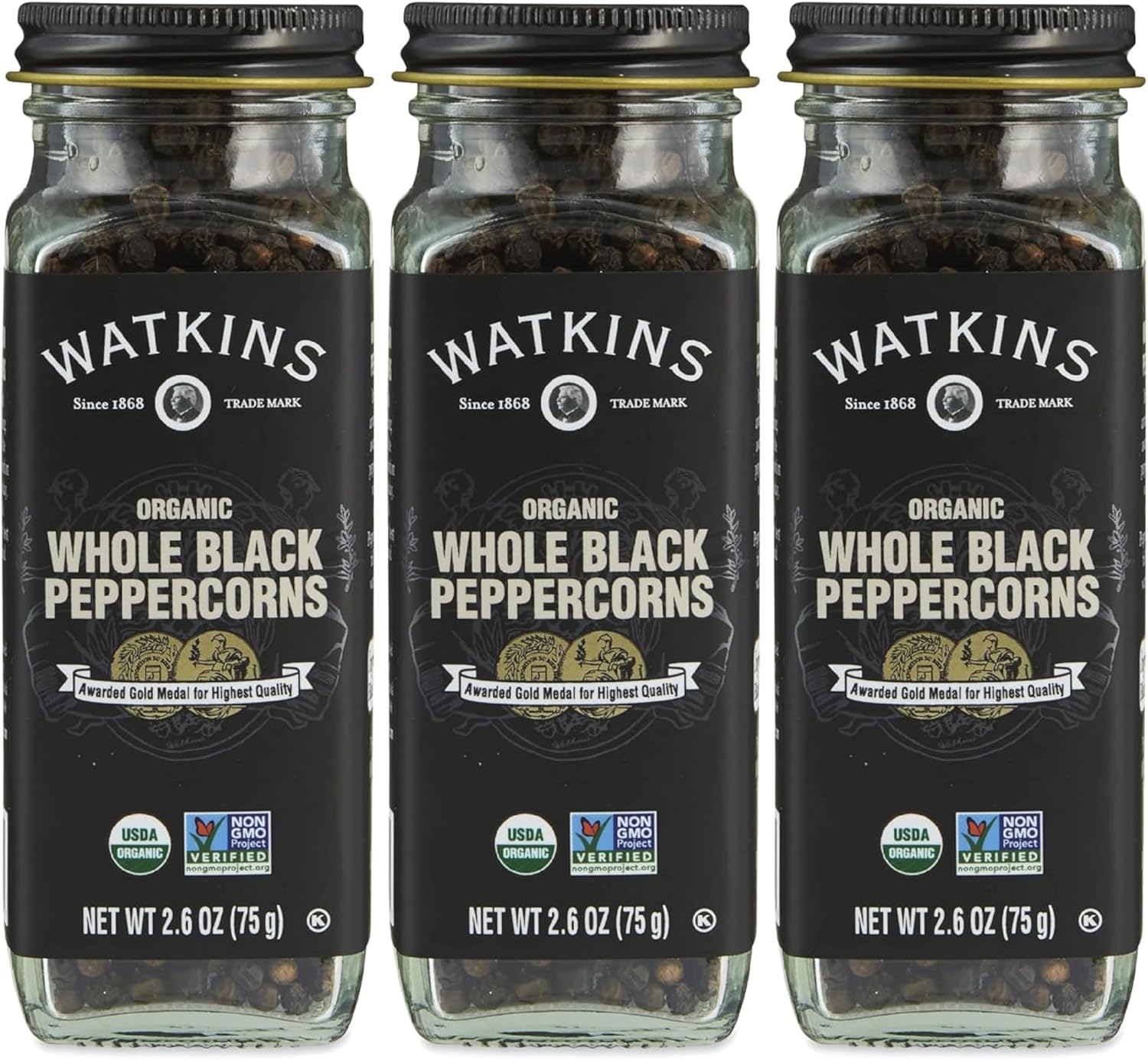 Watkins Gourmet Organic Spice Jar, Whole Black Peppercorns, 2.6 oz. Bottle, 3-Pack