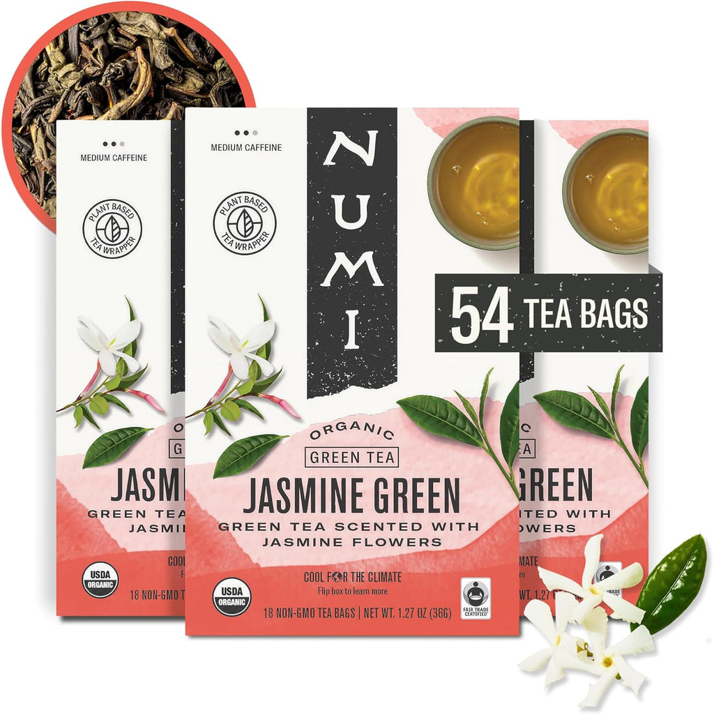 Numi Organic Green Tea with Jasmine, 54 Green Tea Bags Scented with Real Jasmine Flowers, Micro-Plastic Free Compostable Bags
