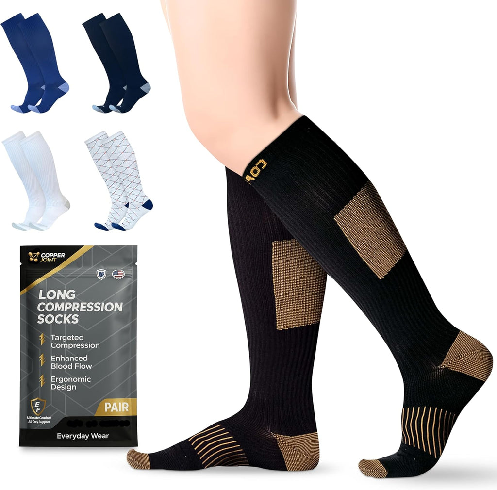 CopperJoint 15-20 mmHg Compression Socks for Men & Women, Small Black and Tan Knee-High Graduated Support Socks for Circulation, Travel, Work & Everyday Wear