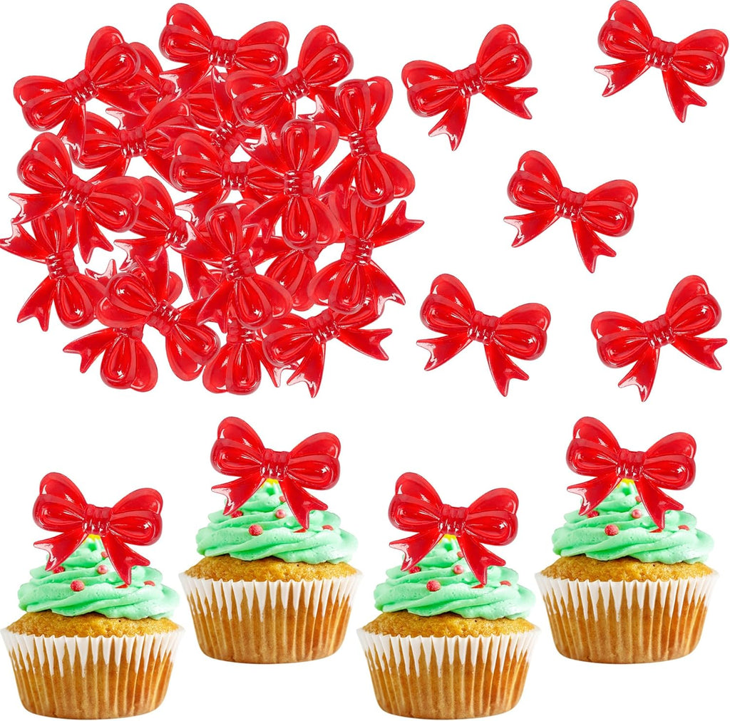 30 PCS Bow Cupcake Toppers Bowknot Cake Toppers Bow Girls Birthday Cake Decorations Bow Cake Dessert Picks Bowknot Cupcake Picks for Baby Shower Birthday Wedding Bridal Engagement Party Supplies Red