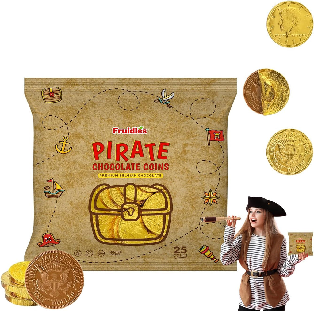 Fruidles Pirate Belgian Milk Chocolate Coins, Kosher Certified Dairy, Non GMO (Pack of 25)