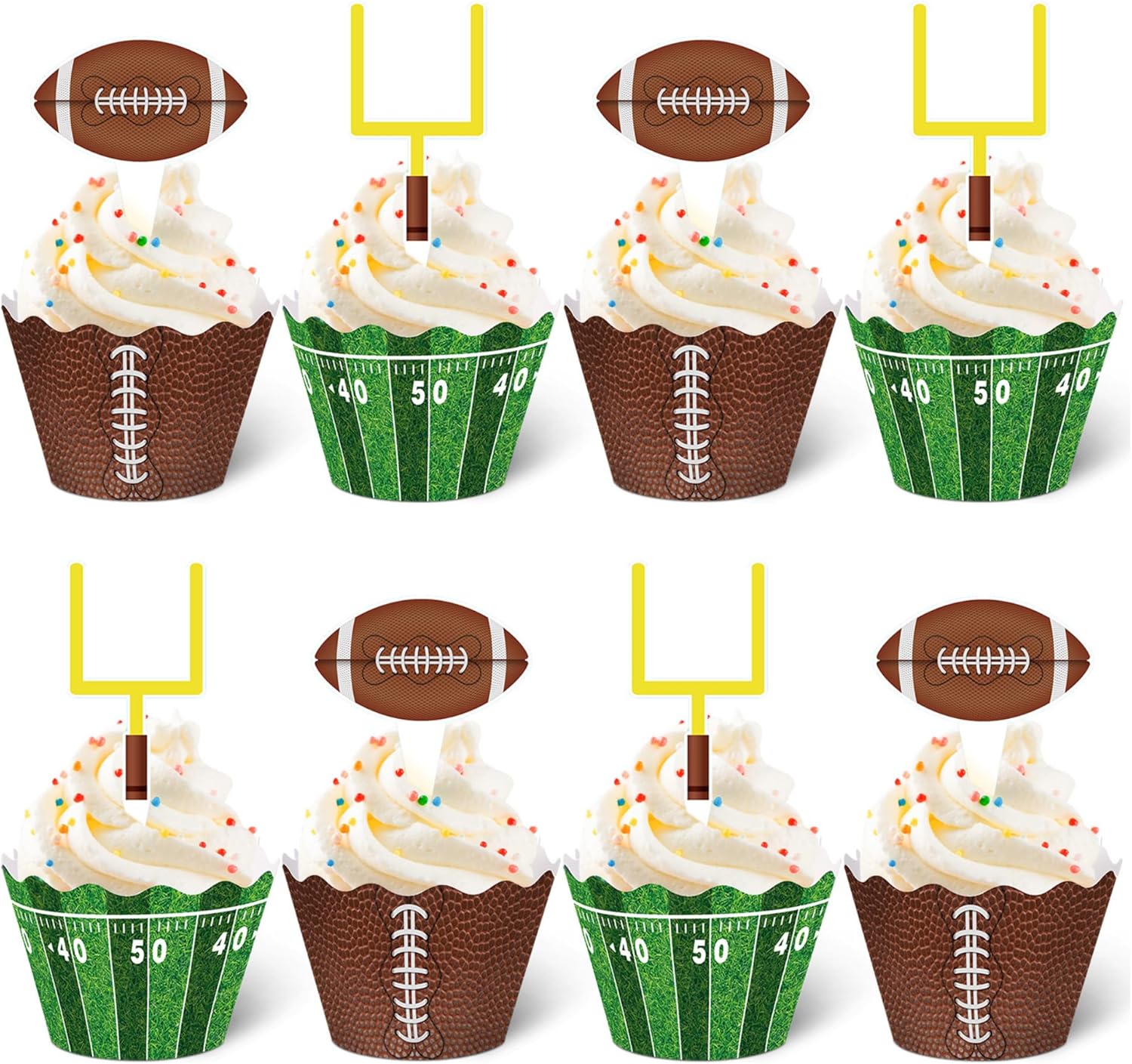 Nuenen 96 Pcs Football Cupcake Toppers and Wrappers Set Football Theme Cupcakes Decorations Sports Game Day Themed Cake Holders and Picks for Birthday Sport Party Decorations Supplies (Classic)
