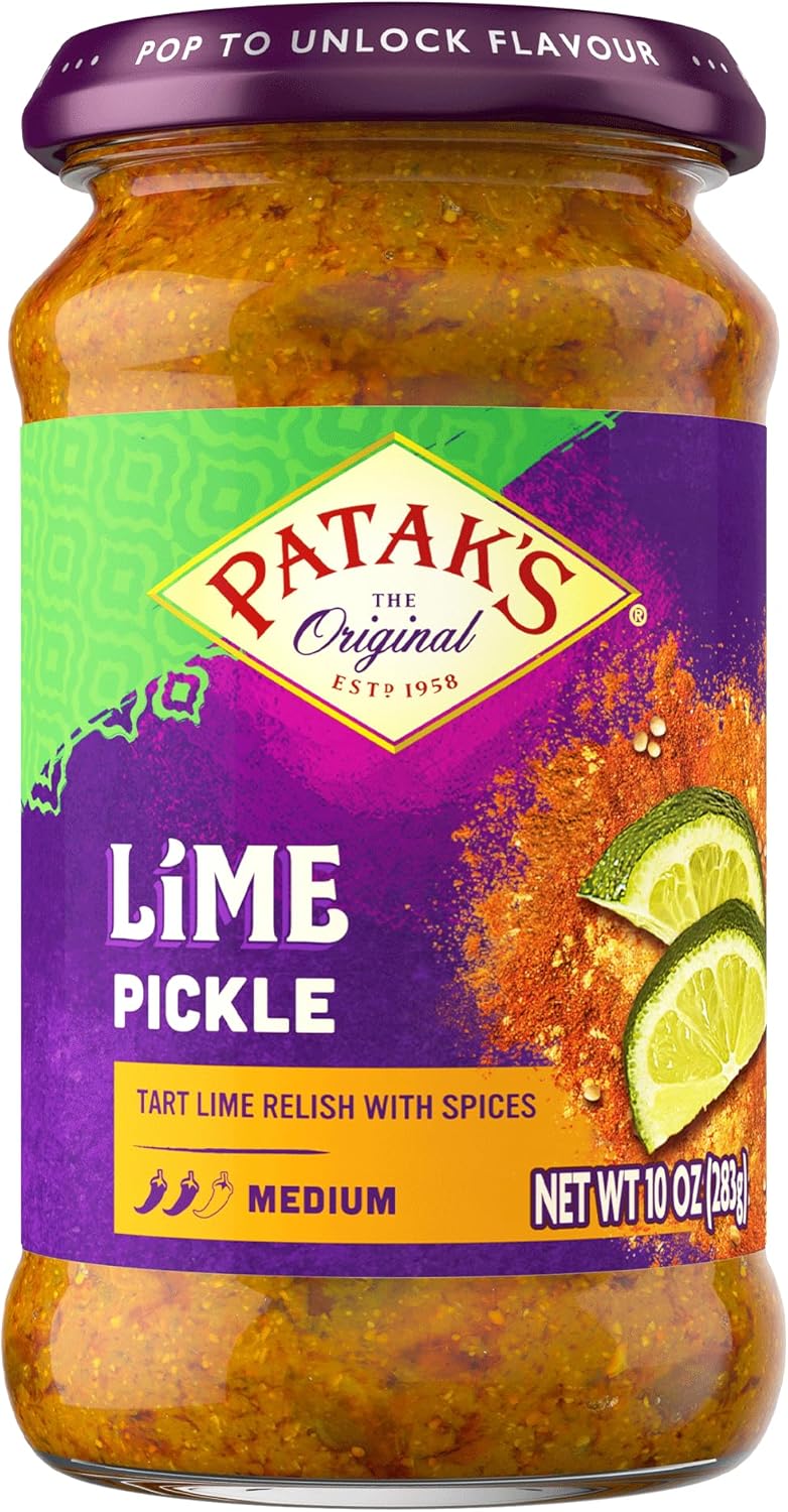 Patak’s Medium Lime Pickle - Authentic Indian Relish w/Lime Dices, Mustard Seeds & Aromatic Spices - Perfect for Sandwiches, Curries & Cold Meats - Indian Pickle - 10oz Jar (Pack of 1)