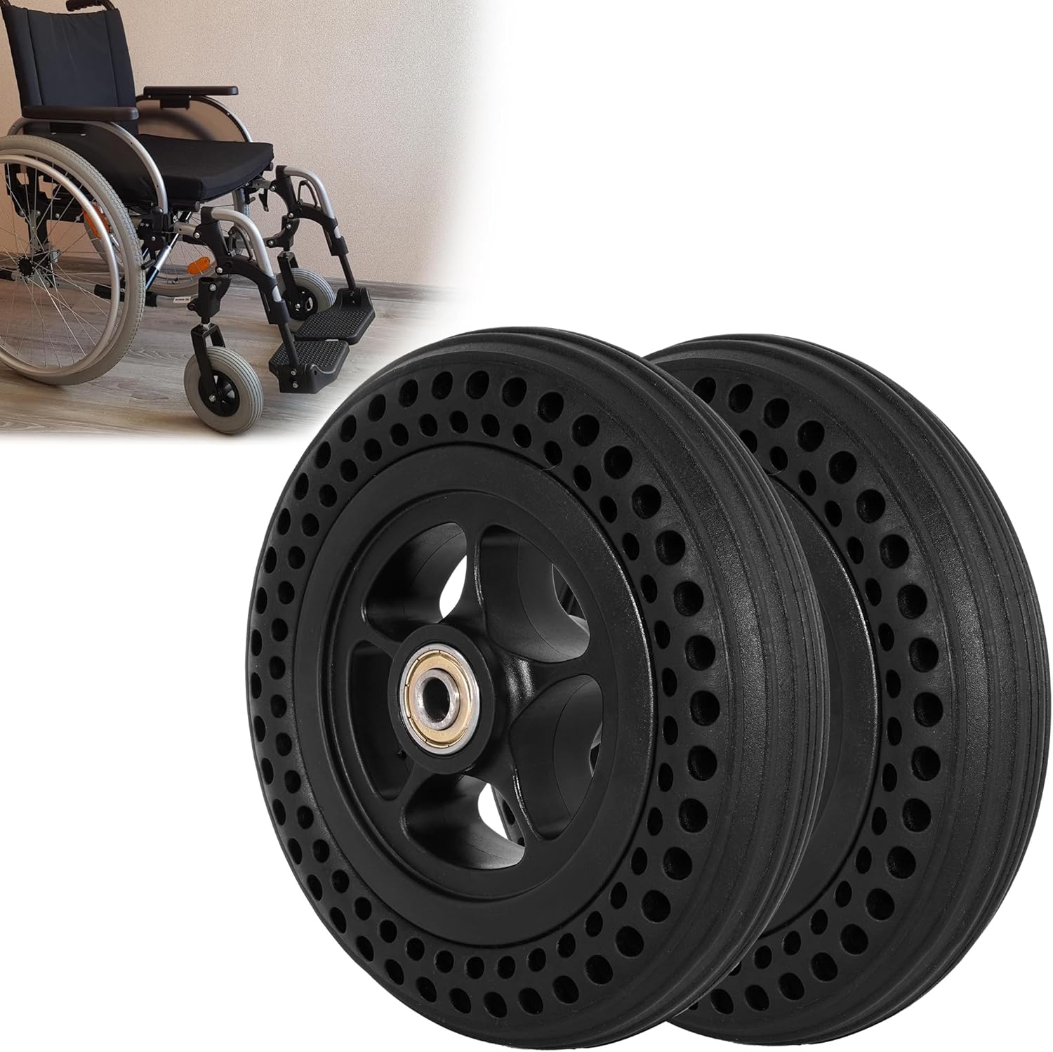 6 Inch Wheelchair Wheel Replacement Honeycomb Rubber Anti-Slip Tire, 6"x 1.4" Solid Tire Wheel Assembly Suitable for Manual/Electric Wheelchair (One Pair)