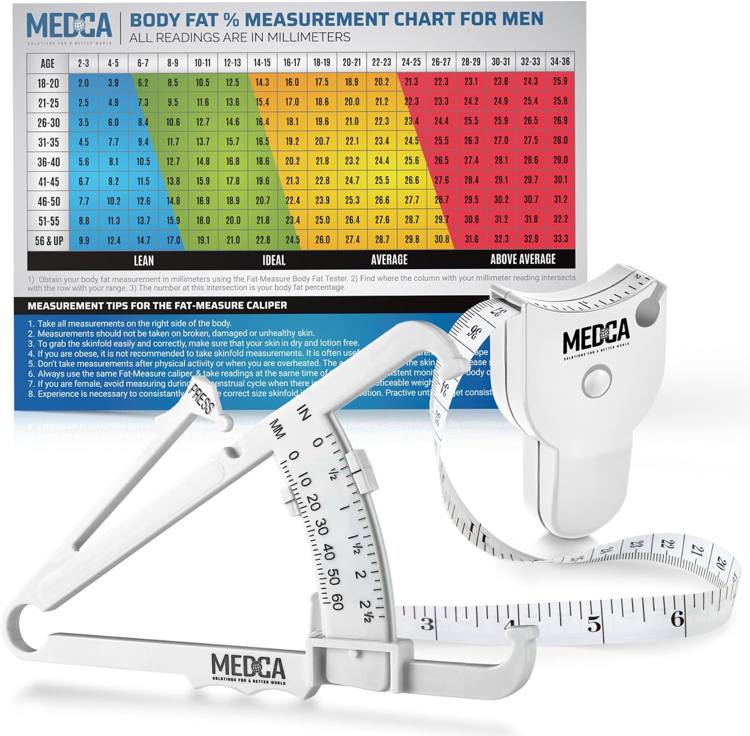 Body Fat Caliper and Measuring Tape for Body - Skinfold Calipers and Body Fat Tape Measure Tool for Accurately Measuring BMI Skin Fold Fitness and Weight-Loss (White)