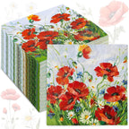 80Pcs Spring Floral Paper Napkins Red Flower Luncheon Napkins Vintage Red Poppy Dinner Hand Napkin for Party Home Restaurant Kitchen Supplies