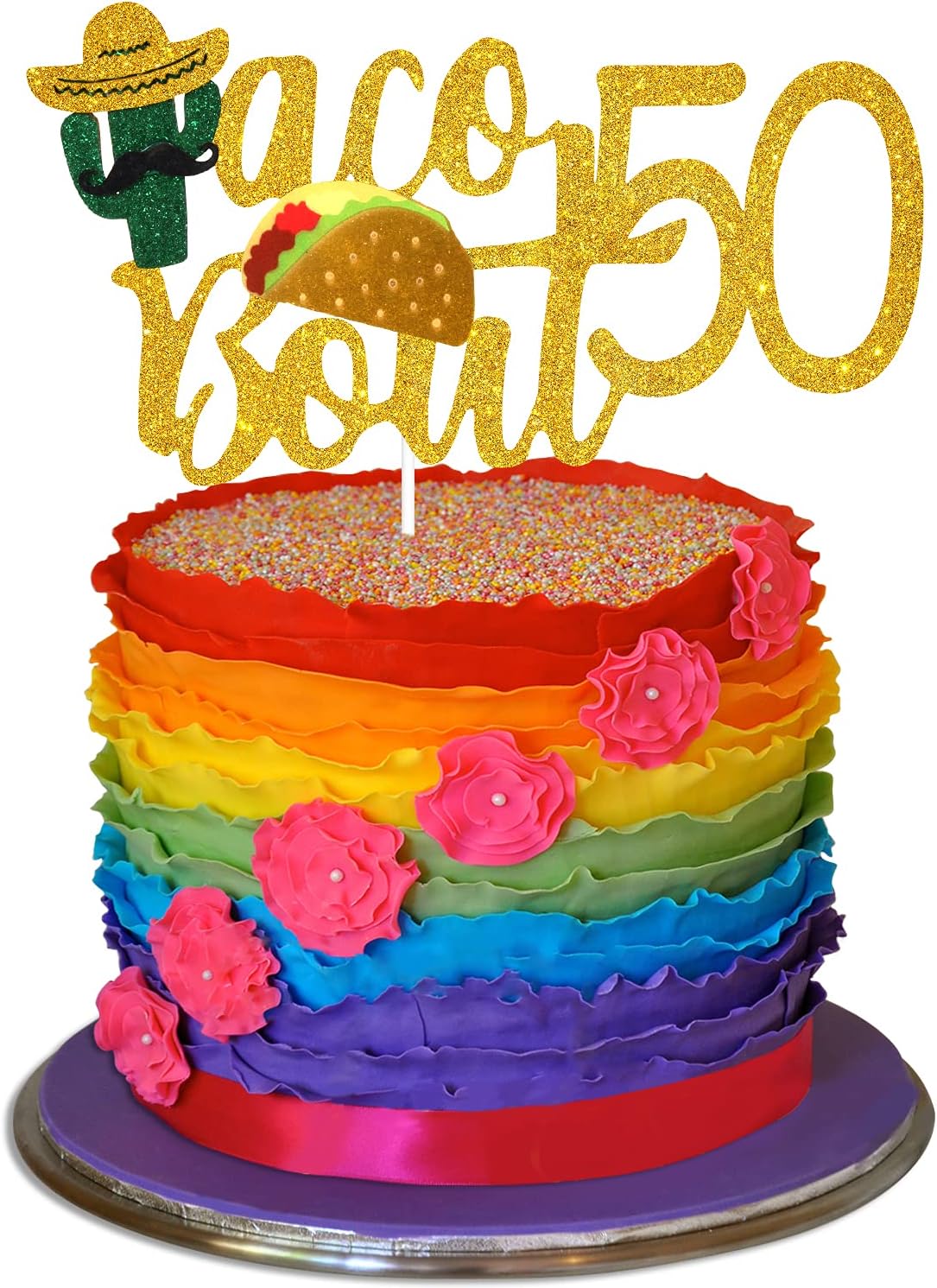 Taco Bout 50 Birthday Cake Topper - Fiesta 50th Birthday Party Glitter Taco Cactus Cake Supplies - Fabulous Fifty - Mexican Summer Fiesta Party Decoration