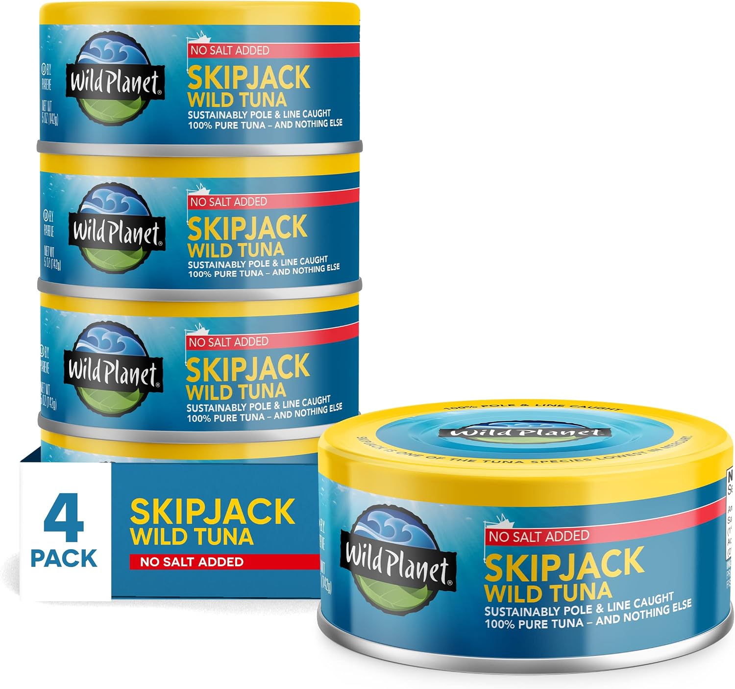 Wild Planet Skipjack Wild Tuna, No Salt Added, Canned Tuna, Sustainably Wild-Caught, Pole & Line, Non-GMO, Kosher, 5 oz, Pack of 4, Packaging May Vary