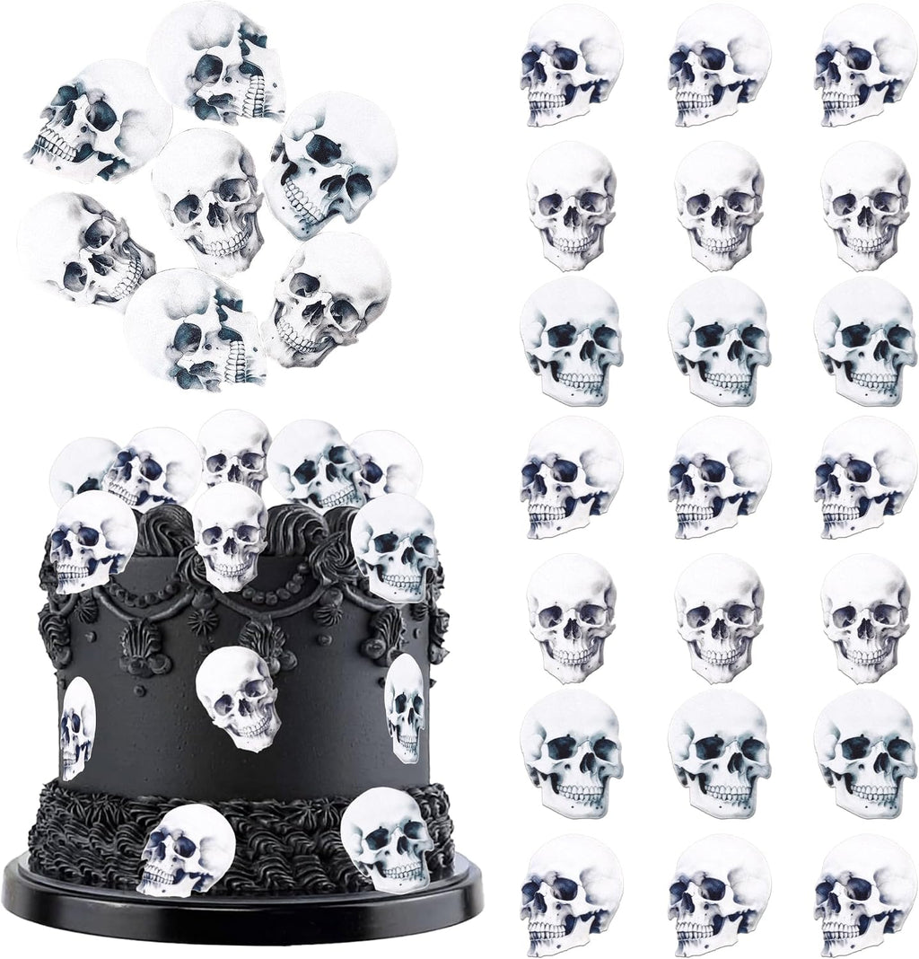Rsstarxi 60 Pack Edible Skull Cupcake Toppers Edible Halloween Cake Decorations Rice Paper Skull Cake Picks Decorations for Halloween Birthday Baby Shower Party Decorations