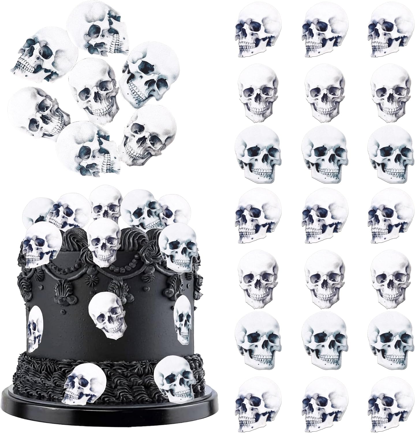 Rsstarxi 60 Pack Edible Skull Cupcake Toppers Edible Halloween Cake Decorations Rice Paper Skull Cake Picks Decorations for Halloween Birthday Baby Shower Party Decorations