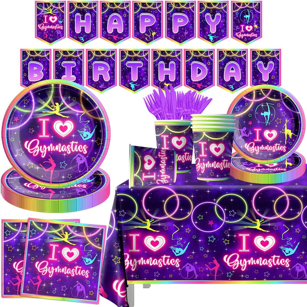 Gymnastics Birthday Party Supplies-142Pcs Neno Gymnastics Tableware Set I Love Gymnastics Plates and Napkins Serves 20 Guests