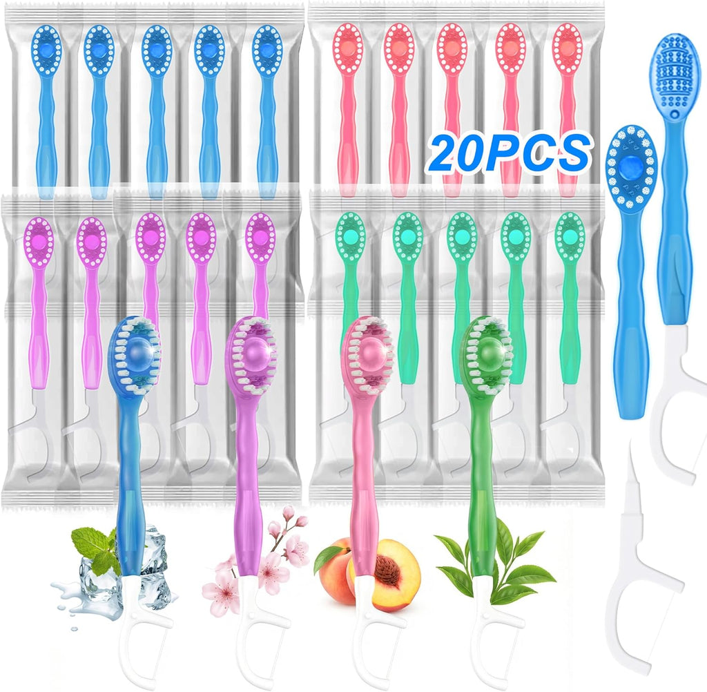 20 Pack 5-in-1 Disposable Toothbrushes with Toothpaste, Travel Toothbrush Set with Floss, Pick & Tongue Scraper, Individually Wrapped Mini Toothbrush for Adults, Work Camping - Mixed Flavor